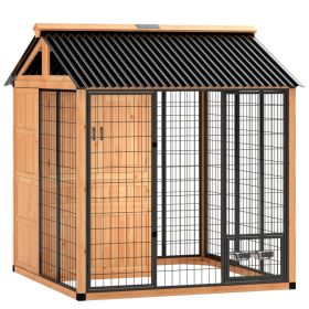 7' x 6' Extra Large Dog House, Wood Outdoor Dog Kennel with Storage Cabinet, Stainless Steel Bowls, Light Yellow