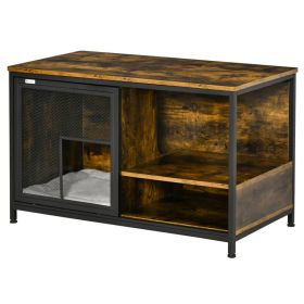 Wooden Cat Crate, Furniture Style Dog Cage, Puppy Kennel Indoor, End Table Pet House with Cushion and Sliding Doors, Rustic Brown