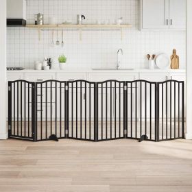 Dog Gate with Door Foldable 6 Panels Black 118.1 " Poplar Wood