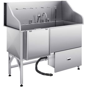 304 Stainless Steel Dog Washing Station, 61 Inch Pet Grooming Tub with Non-Slip Low-Slope Ramp, Storage Drawer, Hot & Cold Faucet