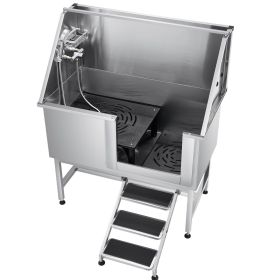 Stainless Steel Dog Washing Station 50 Inch Pet Grooming Tub with Low-Slope Non-Slip Stairs, Hot & Cold Faucet, Showerhead, Home Wash Sink