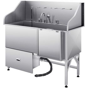 Stainless Steel Dog Washing Station, 61 inch Pet Grooming Tub w/ Ramp, Water Filter Board